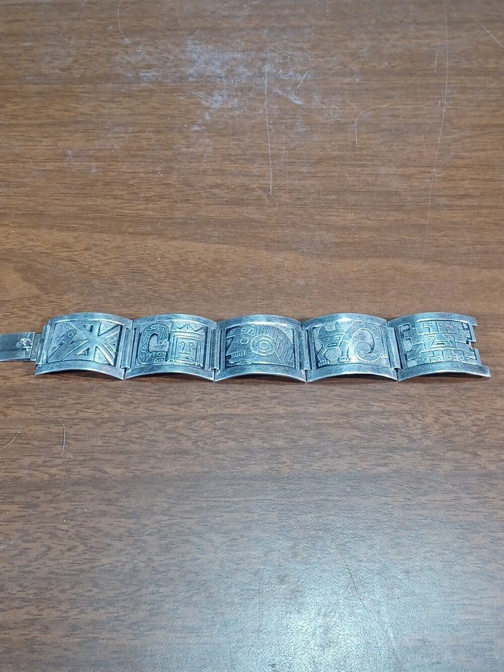 Vintage Sterling Silver Peru Indigenous Inca Story Bracelet Peruvian 6.5in 43g